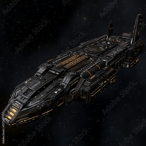 Heavily Armored Space Freighter Docking and Transporting Cargo Across the Cosmos in Near Darkness.
