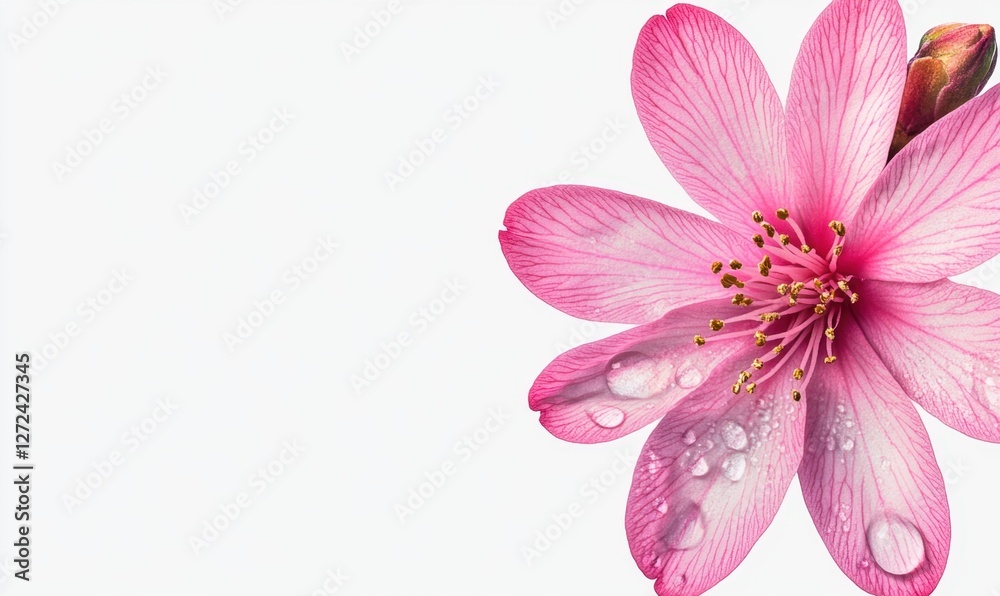 Fototapeta premium Close-up of a pink flower with water droplets on petals against a soft white background