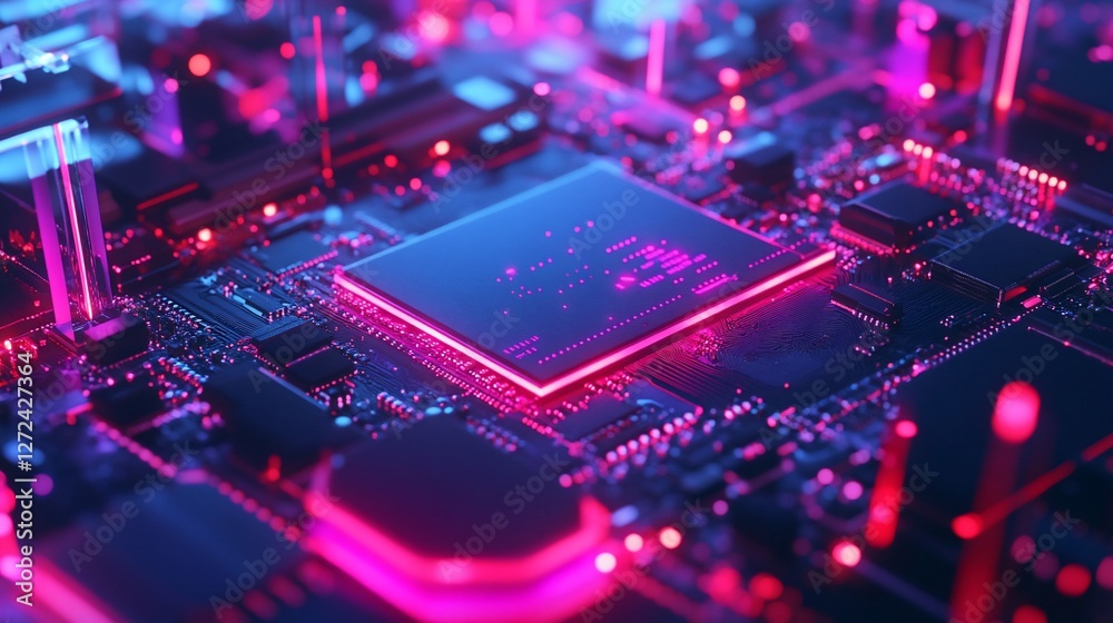 Neon Circuit Board: A Close-Up of a Futuristic Microchip Neon Circuit Board: A Close-Up of a Futuristic Microchip