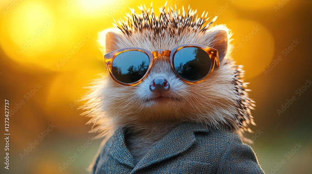 Obraz premium Hedgehog in a suit with sunglasses, yellow background, quirky