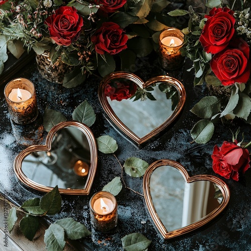 Roses and heart shaped trays and candles create a romantic mood for wedding or valentine decor