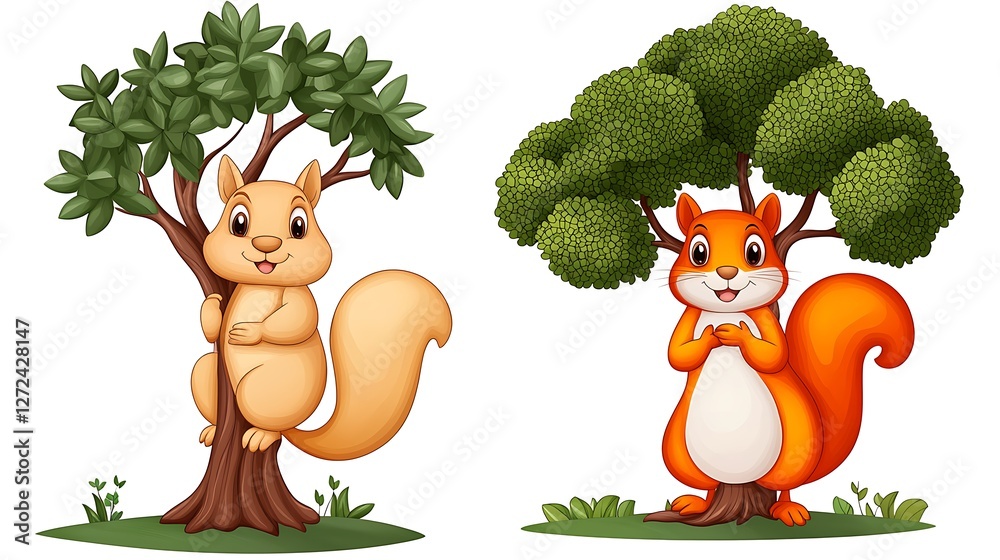 Fototapeta premium Cute Cartoon Squirrels on Trees with Bright Green Foliage and Grass