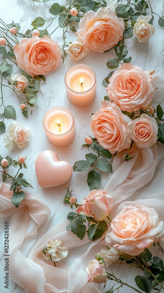 Roses, Candles, and Heart Arrangement on Marble, Romantic Decor for Celebrations, Top View Roses, Candles, and Heart Arrangement on Marble, Romantic Decor for Celebrations, Top View