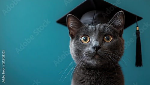 Majestic cat wearing a graduation cap against a blue background photo