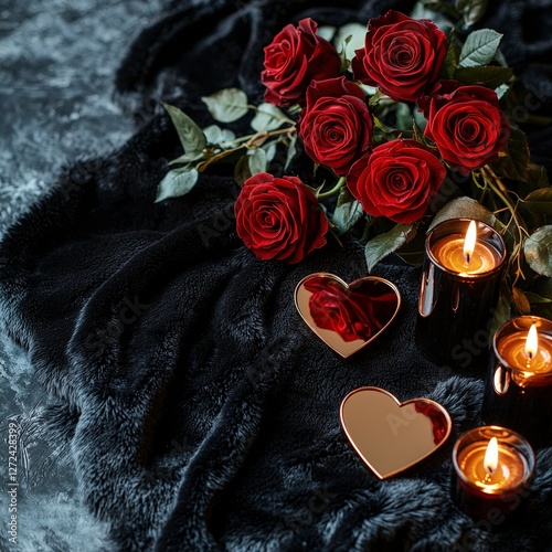 Roses, candles, and heart decor on a fur blanket give romantic vibes for a special occasion