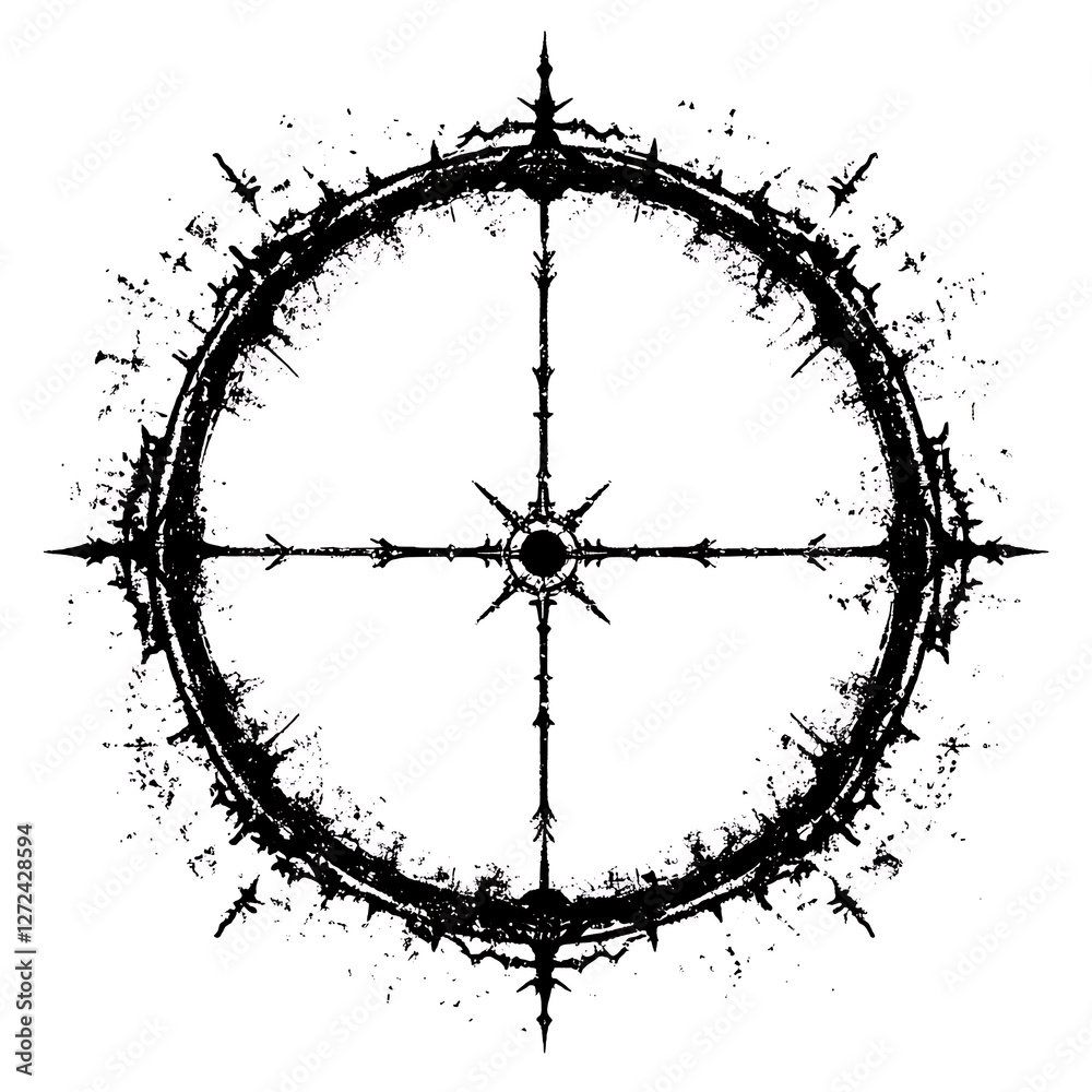 Intricate Circle with Central Starburst in Dark Grunge Style Graphic Design Distorted Visual Element. Intricate Circle with Central Starburst in Dark Grunge Style Graphic Design Distorted Visual Element.