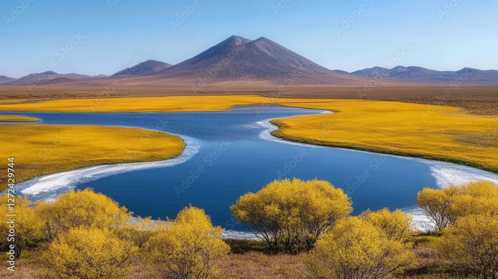Fototapeta premium Serene lake winds through golden fields, mirroring the sky. Backdrop is a volcanic mountain