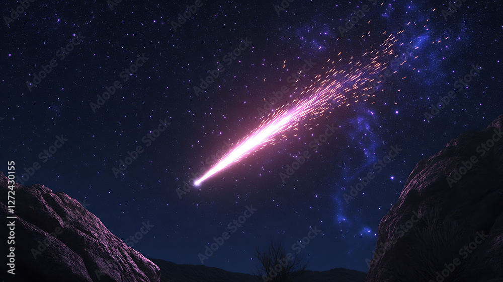 Fototapeta premium Luminous Celestial Comet Streaking Across Starry Sky Over Rocky Terrain at Nighttime Scenery.