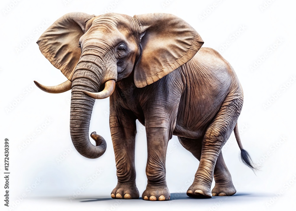 Fototapeta premium Majestic Elephant Raising Trunk, Isolated on White Background - Wildlife Stock Photo