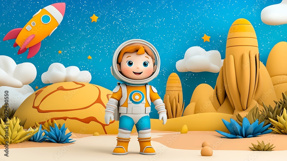 Naklejka premium Cheerful Cartoon Astronaut in Colorful Outer Space Landscape