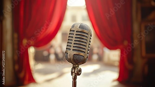 Vintage microphone on stage, red curtain backdrop, audience blurred