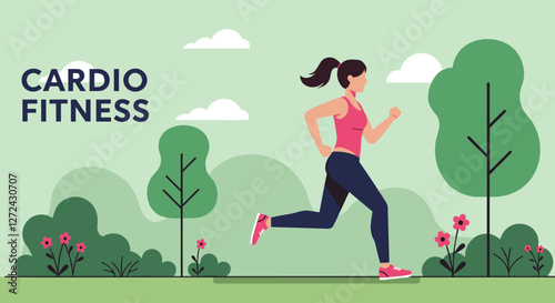 Cardio fitness concept with woman running in the park. Colorful minimalist flat design