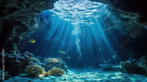 Fototapeta Naklejka Na Ścianę i Meble -  Sunbeams illuminate underwater cave, coral reef, and fish.
