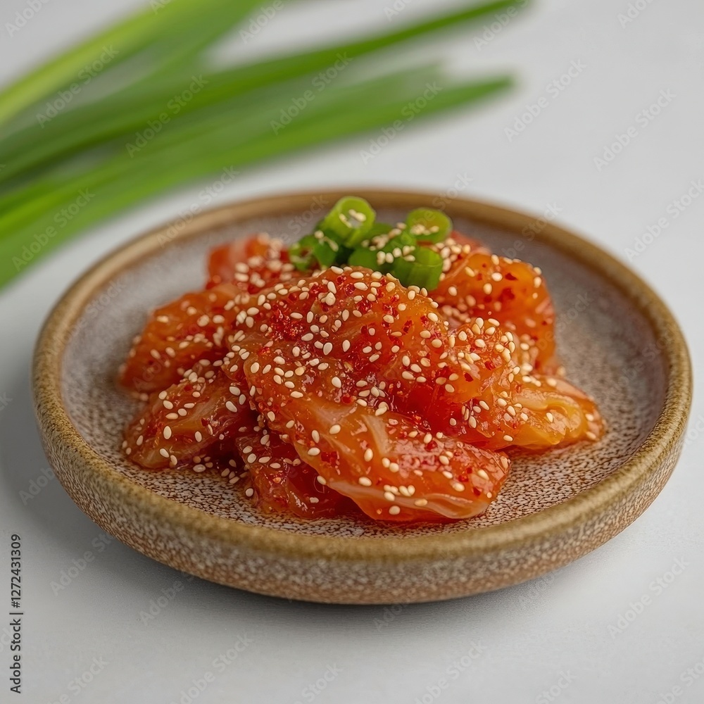 Spicy salmon sashimi on dish with green onions in background, for restaurant menu or food blog Spicy salmon sashimi on dish with green onions in background, for restaurant menu or food blog