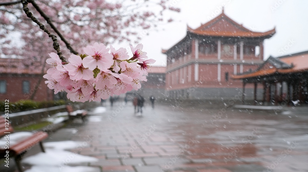 Spring blossoms bloom in a park while people walk by a historical temple in the background Spring blossoms bloom in a park while people walk by a historical temple in the background