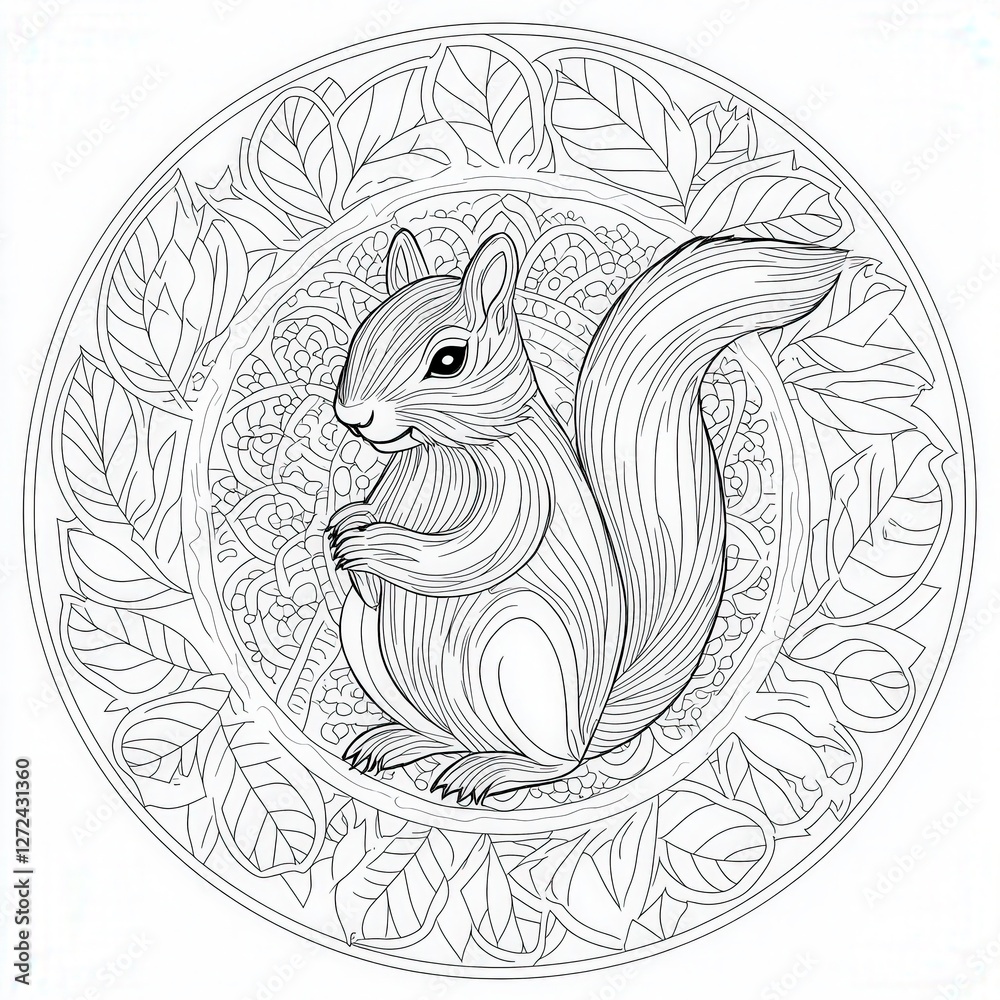 Squirrel outline with a seed on mandala leaves background for coloring book pages