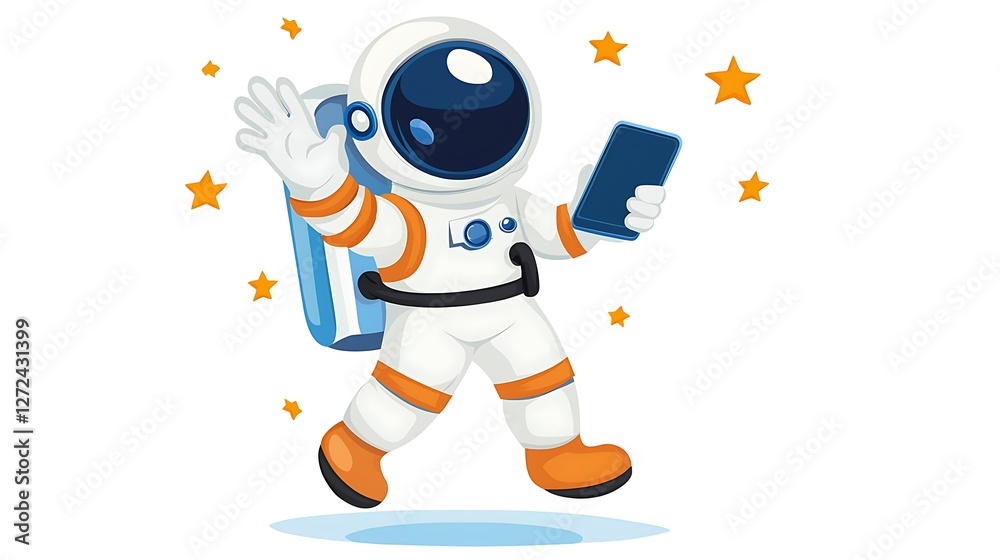 Cheerful Astronaut with Smartphone in Space Surrounded by Stars Cheerful Astronaut with Smartphone in Space Surrounded by Stars