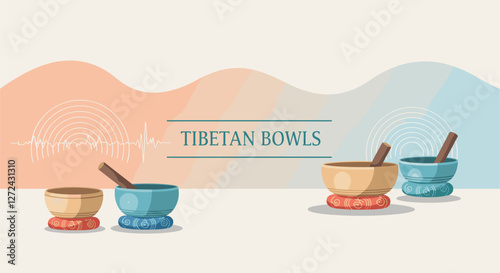 Four Tibetan bowls. Mindfulness, holistic conceptual vector illustration