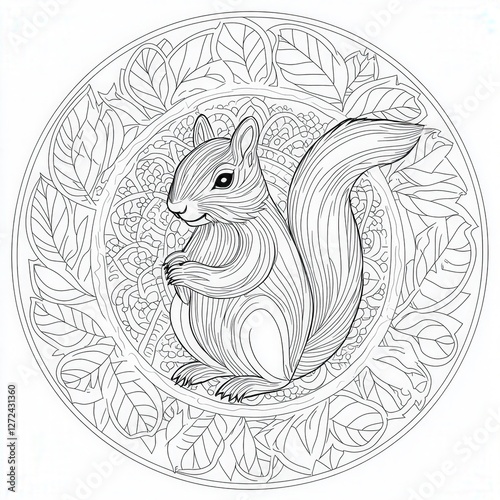 Obraz na płótnie Squirrel outline with a seed on mandala leaves background for coloring book pages w salonie