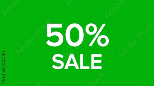 White 50% sale text animation on green background