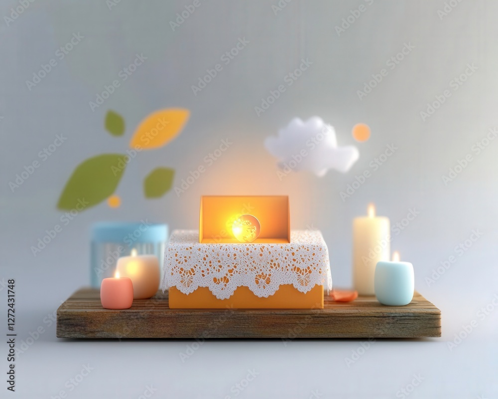 Still life with glowing sphere and candles on wooden platform for peaceful mood Still life with glowing sphere and candles on wooden platform for peaceful mood