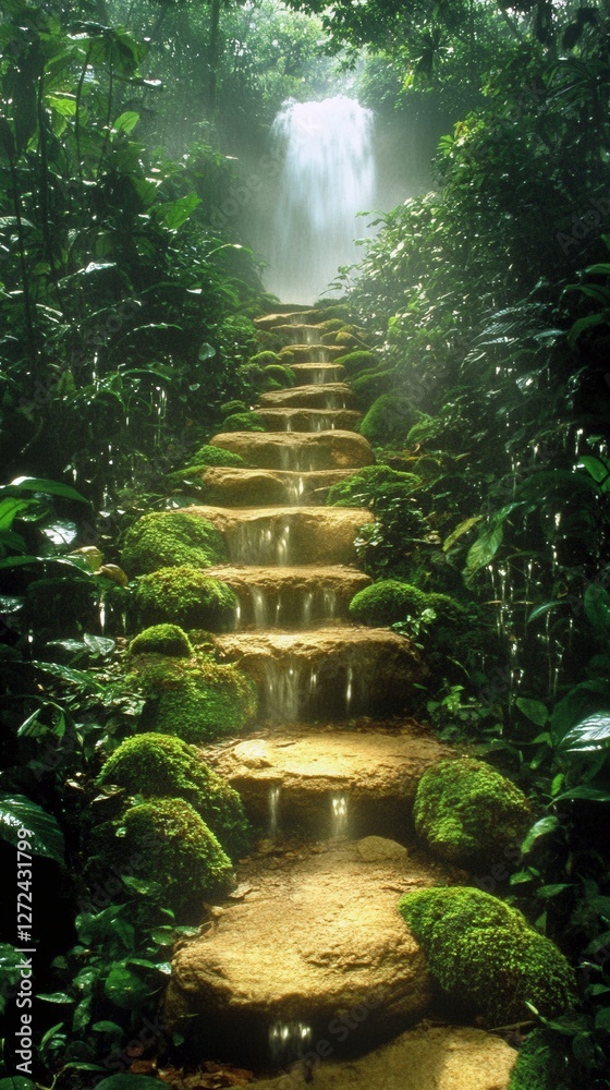 Fototapeta premium Stone stairs climb through lush jungle towards light. Destination, peaceful journey concept