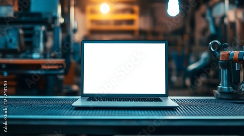 Close-up view of a modern laptop mockup on a workbench inside a workshop featuring industrial tools and equipment