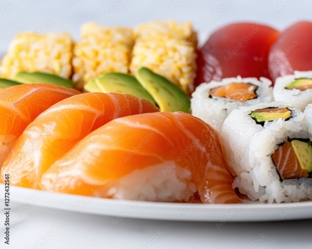 Sushi Platter Salmon nigiri, maki rolls, avocado, tuna on plate for menu Sushi Platter Salmon nigiri, maki rolls, avocado, tuna on plate for menu