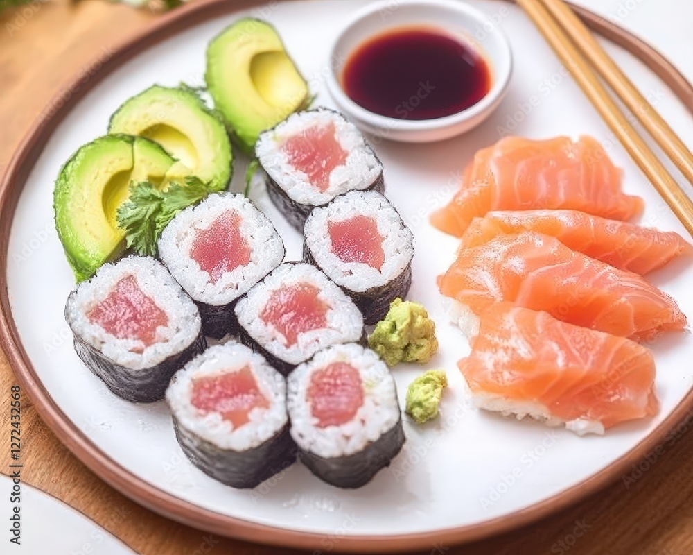 Sushi roll plate with tuna, salmon, avocado, wasabi and soy sauce served in a restaurant Sushi roll plate with tuna, salmon, avocado, wasabi and soy sauce served in a restaurant