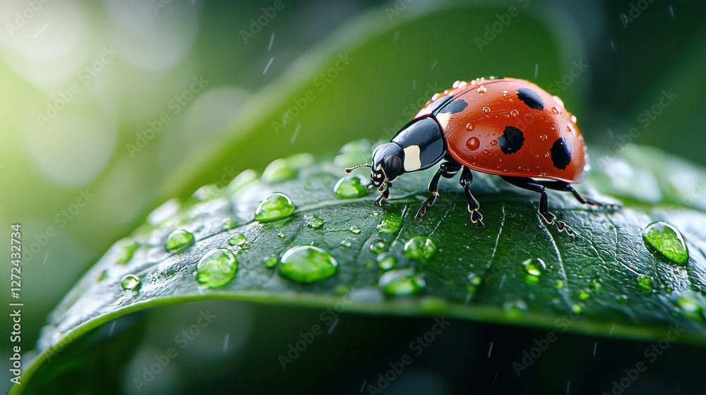 Obraz premium Detailed macro shot of morning dew on a green leaf with a red ladybug resting on it showcasing the intricate textures and patterns of nature in the early morning sunlight