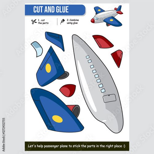 Cartoon aeroplane cut and glue activity for kids educational worksheet
