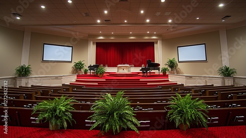 Church sanctuary interior, red carpet, stage, empty pews