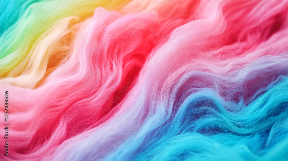 Obraz premium Close-up of soft, fluffy fibers in a spectrum of bright rainbow colors, creating a dreamy and abstract texture with flowing waves.