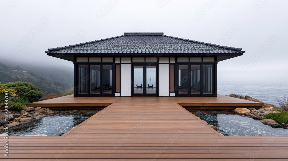 Tranquil pavilion retreat near ocean with mountain backdrop, for meditation Tranquil pavilion retreat near ocean with mountain backdrop, for meditation
