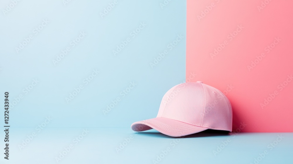 Fototapeta premium Playful pastel pink baseball cap on a soft cotton-candy-colored background. No people no text