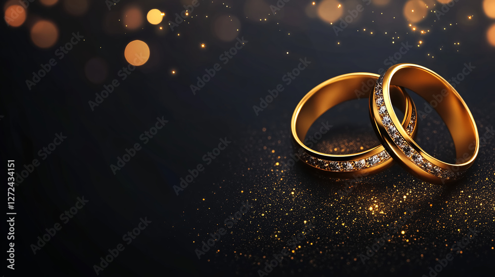 Elegant golden wedding rings with diamond accents placed on a dark glittering surface, surrounded by soft glowing bokeh lights, symbolizing love and commitment. Elegant golden wedding rings with diamond accents placed on a dark glittering surface, surrounded by soft glowing bokeh lights, symbolizing love and commitment.