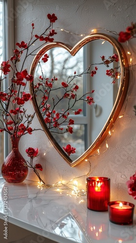 Valentine's Day scene heart mirror, red flowers, candles, and window backdrop
