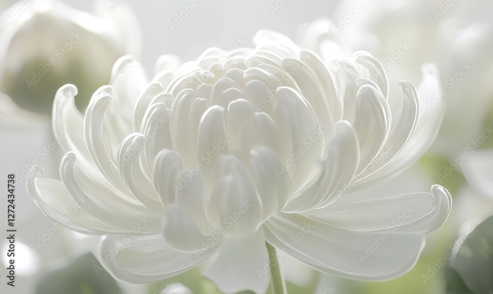 Obraz premium Delicate white chrysanthemum flower in soft focus, surrounded by blurred greenery, evoking tranquility