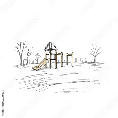 Hand-Drawn Sketch of a Playground in Winter