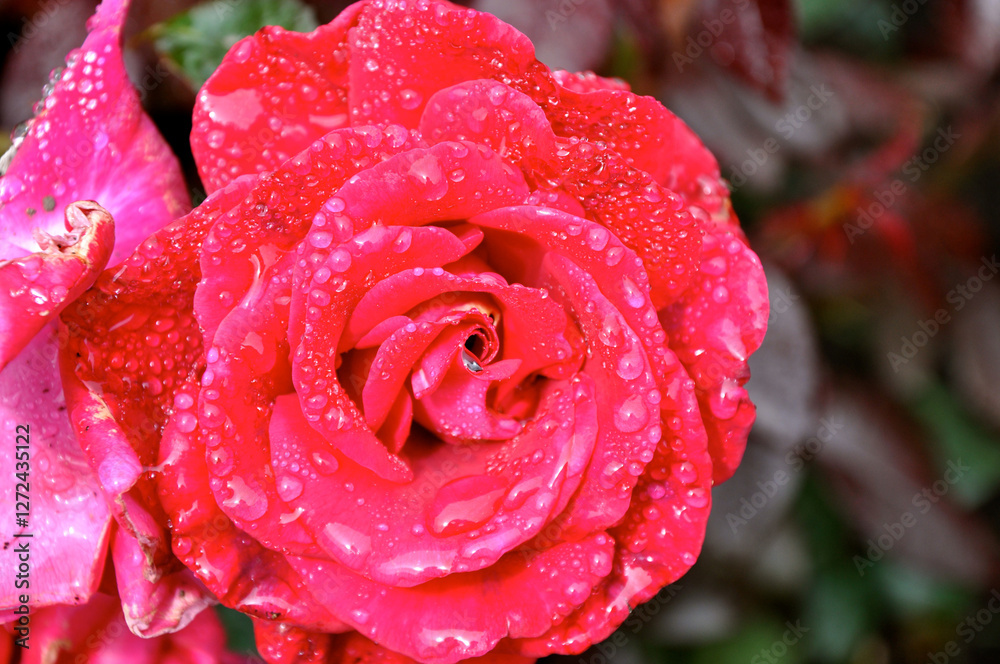 Close-up of a vibrant pink red rose covered in water droplets.
