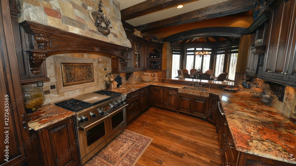 Fototapeta premium A traditional-style kitchen with a properly placed stove and decorative elements enhancing prosperity