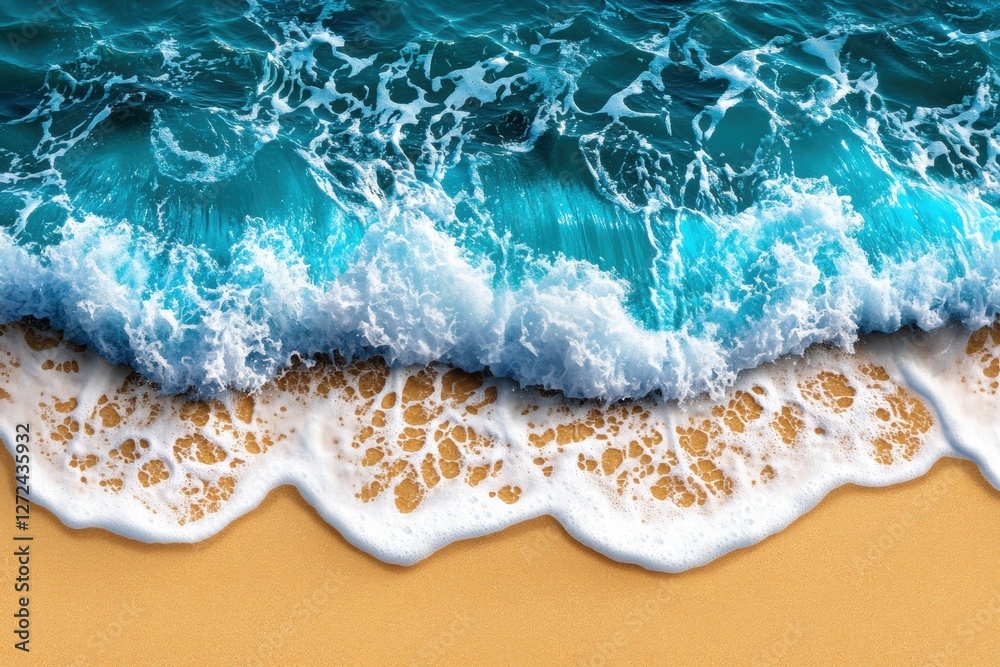 Obraz premium Aerial view of turquoise ocean waves gently lapping on sandy beach.