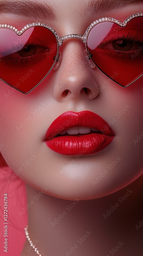 Fototapeta premium Woman with heart-shaped glasses and red lips on pink background for fashion or beauty shot