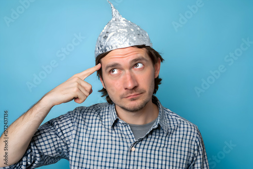 Man with a tinfoil hat thinking, representing a conspiracy theorist photo