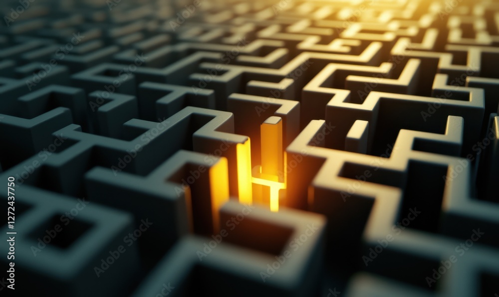 Intricate 3D maze structure illuminated by golden light, suggesting mystery and exploration Intricate 3D maze structure illuminated by golden light, suggesting mystery and exploration