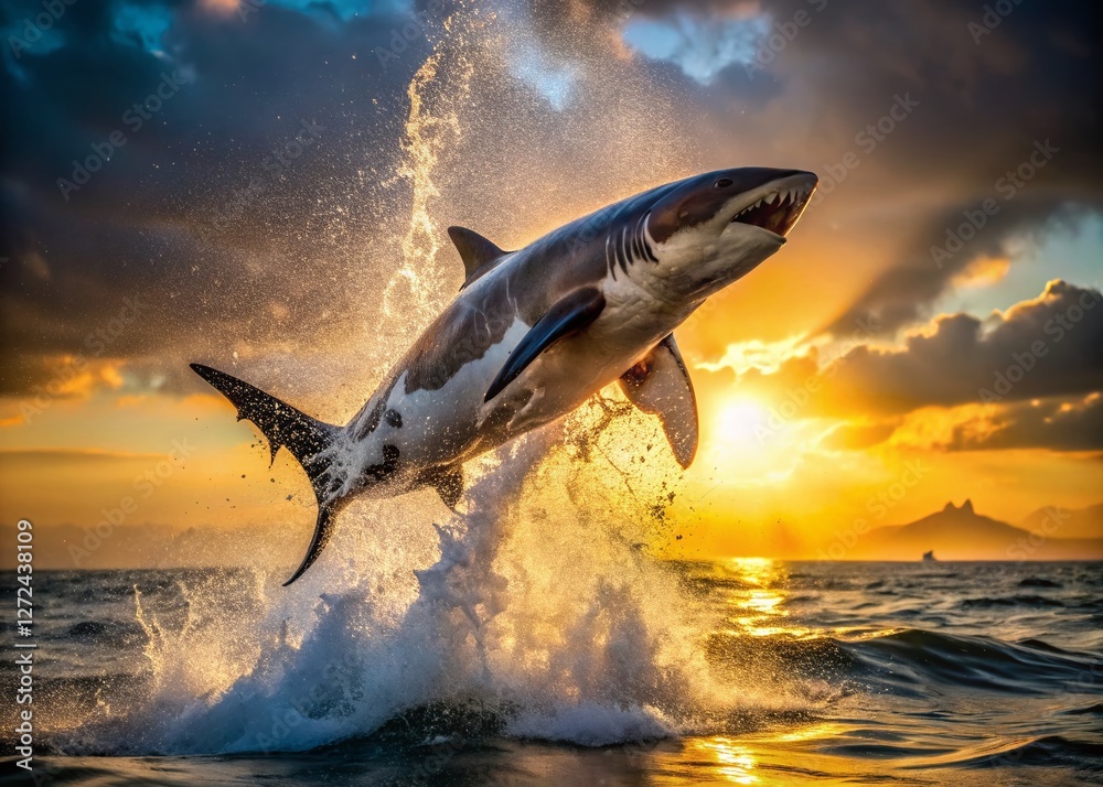 Fototapeta premium Majestic Great White Shark Leaping Ocean Dramatic Splash Wildlife Photography Power Beauty