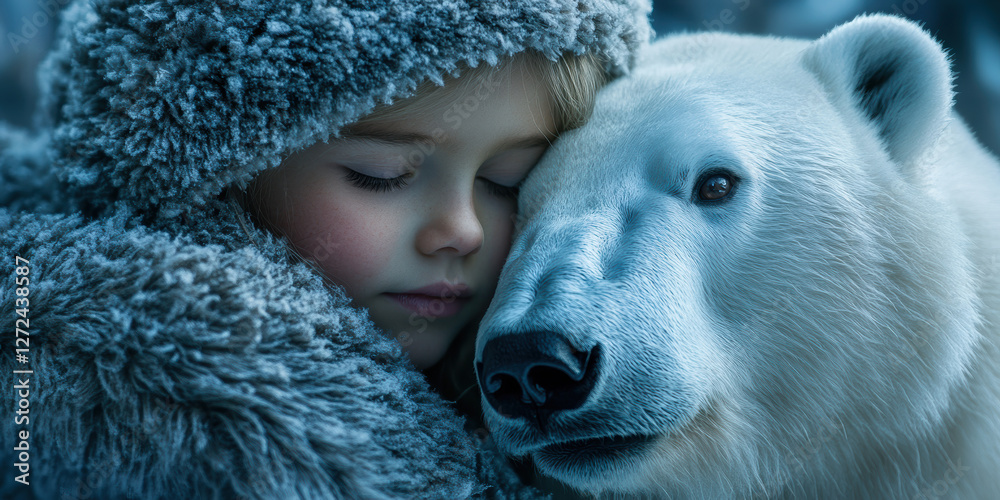 Obraz premium Child embracing polar bear arctic region emotional bond nature setting close-up view love and connection