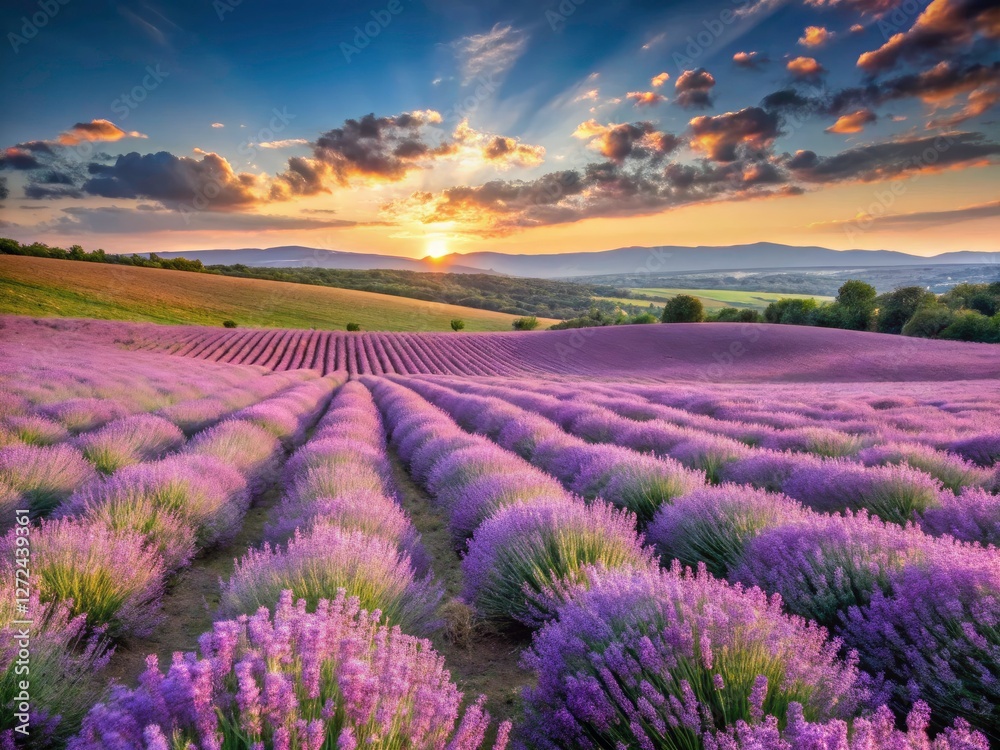 Fototapeta premium A scenic view of blooming lavender, a picturesque purple landscape in Provence, creates a relaxing and aromatic summer scene.