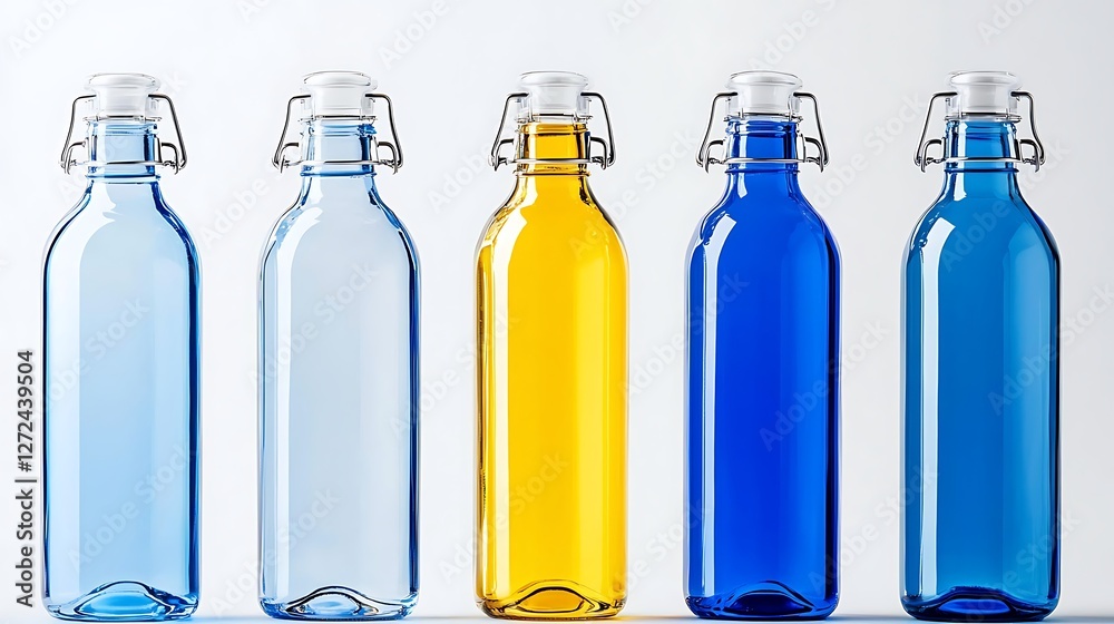 Glass Bottles Collection in Various Colors on Soft Background Glass Bottles Collection in Various Colors on Soft Background