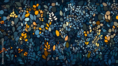 Serene Botanical Garden Foliage Pattern with Warm Light Accents Artistic Design Illustration.